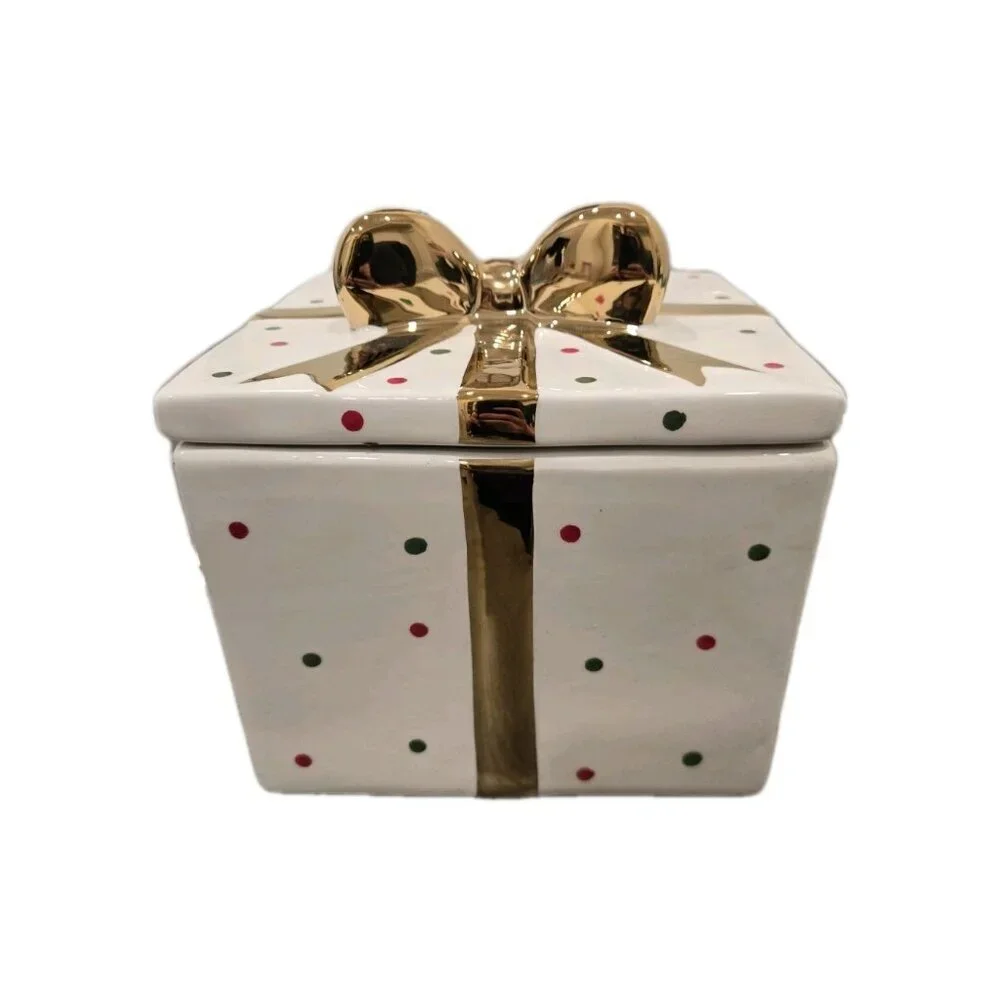 New Holiday Time Christmas Present W/ Gold Bow Cookie Jar Kitchen Room Decor